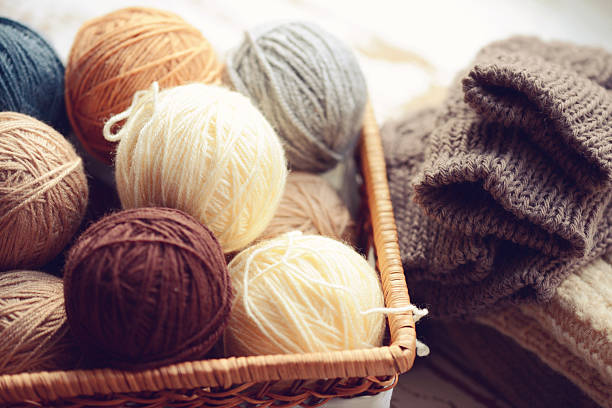 Light knitting yarns and needles isolated on white background. Top view