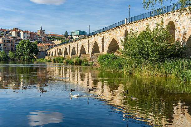 Stone bridge over Douro river and Zamora city in background. Castilla y Leon, Spain.