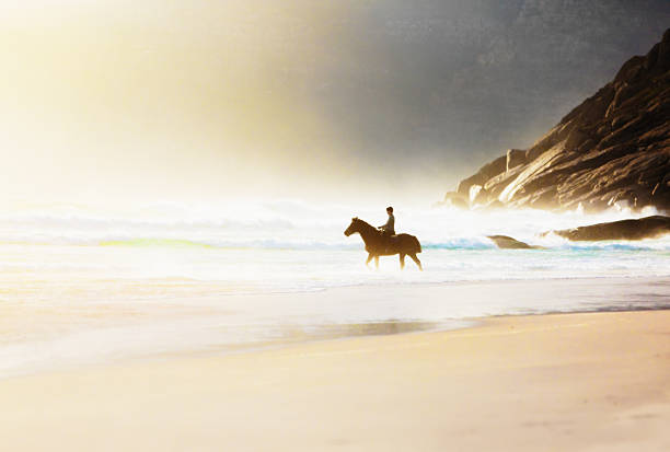 Horseback rider on beautiful deserted beach in misty pastel colors Almost silhouetted, a woman walks her horse through the surf. It's late afternoon on a hazy winter's day on this idyllic deserted beach, making sun, sea, and sand blur in a mist of pastel shades, resembling a watercolour painting.  Ample copy space. kommetjie stock pictures, royalty-free photos & images