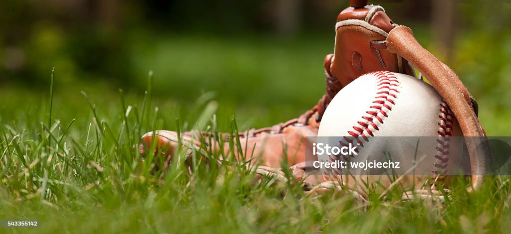 Baseball ball and glove on green grass Photo of an Baseball ball and glove on green grass. Outdoor scene Baseball - Ball Stock Photo