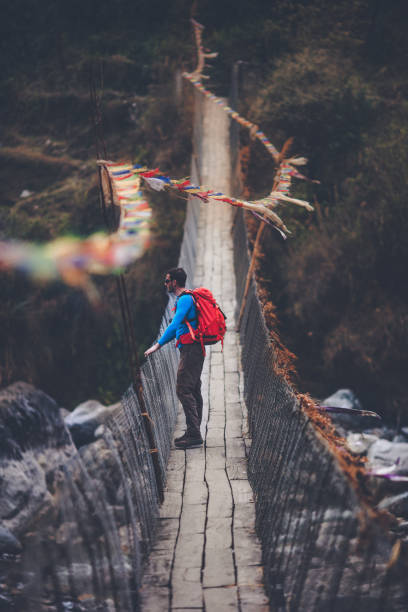 Hiker enjoying the view Photo of a hiker enjoying the view over the bridge in Annapurna Range on Himalayas, Nepal annapurna range photos stock pictures, royalty-free photos & images
