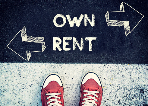 Student standing above the sign for own and rent,dilemma concept
