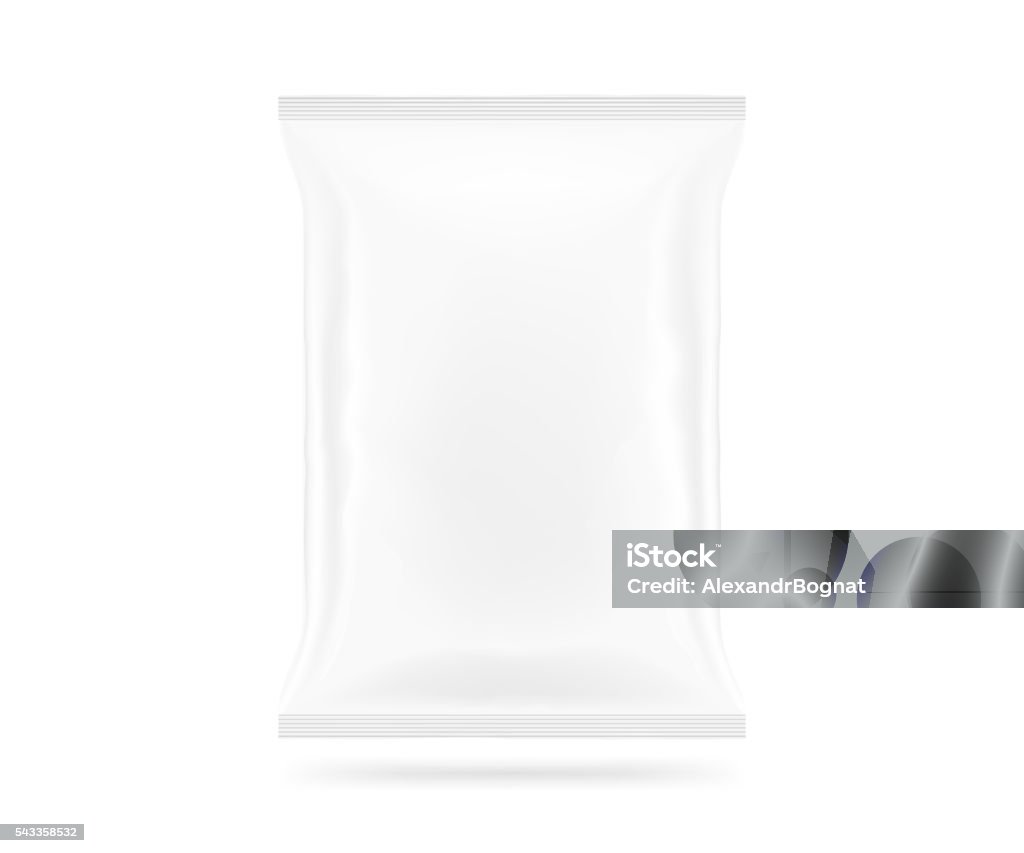 Maqueta de bolsa blanca en blanco aislada. Paquete de chips claros - Foto de stock de Transparente libre de derechos
