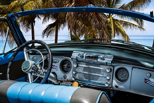 American blue Cariolet classic car parked on the beach