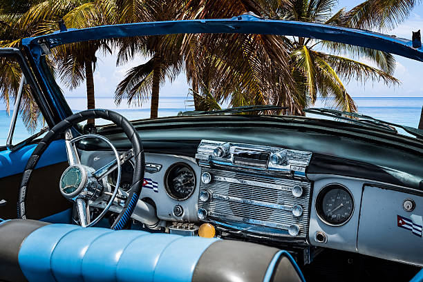 American blue Cariolet classic car parked on the beach stock photo