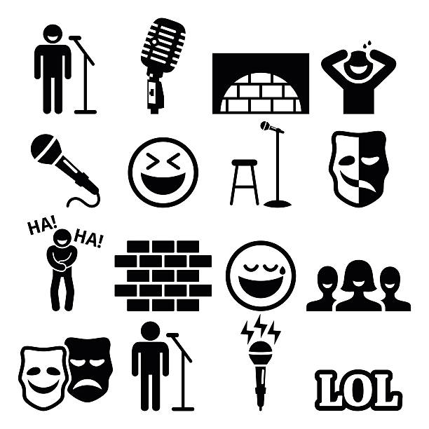 ilustrações, clipart, desenhos animados e ícones de stand up comedy, entretenimento, pessoas rindo ícones definidos - máscara da comédia