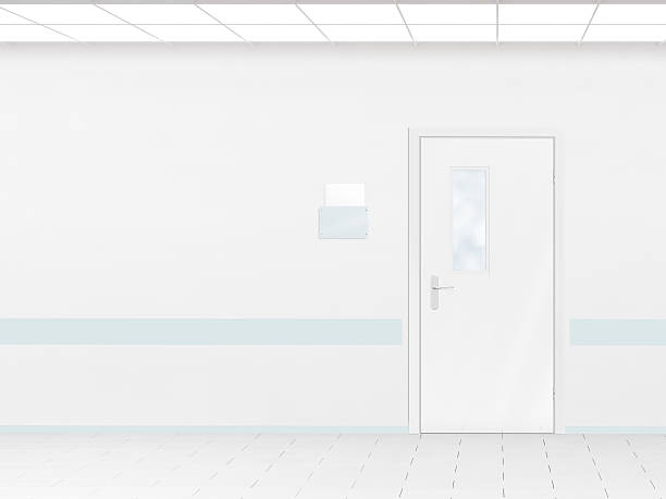 pasillo del hospital con maqueta de pared en blanco y puerta, render 3d. - corridor entrance hall door wall fotografías e imágenes de stock