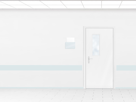 Hospital corridor with blank wall mockup and door, 3d render. Room sign mock up template on entry in ward. Medical hall interior sickroom. Clear closed door signage plate. Infirmary light hallway 