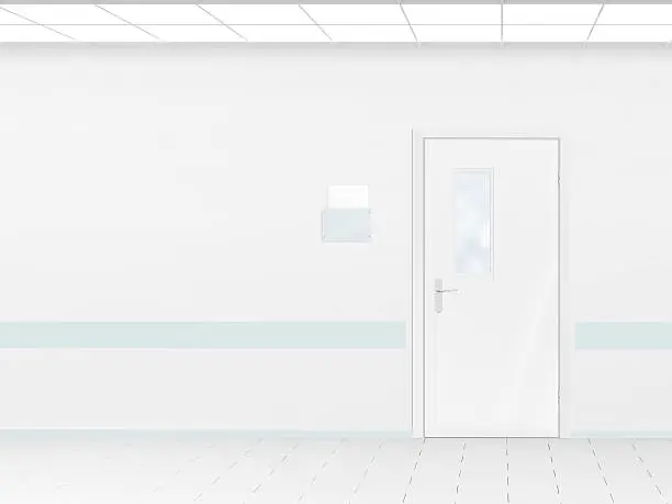 Photo of Hospital corridor with blank wall mockup and door, 3d render.