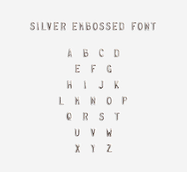 Silver embossed alphabet isolated, 3d illustration. Silver embossed alphabet isolated, 3d illustration. Argent typing font design. Beveled symbols embossing on plastic card. Hammering chamfer type letters text. Grunge metallic lettering emboss fount brocade stock pictures, royalty-free photos & images