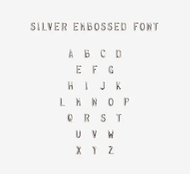Silver embossed alphabet isolated, 3d illustration. Argent typing font design. Beveled symbols embossing on plastic card. Hammering chamfer type letters text. Grunge metallic lettering emboss fount