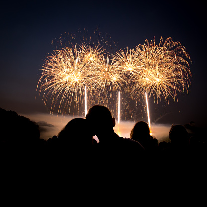 Two guys in love looking at fireworks
