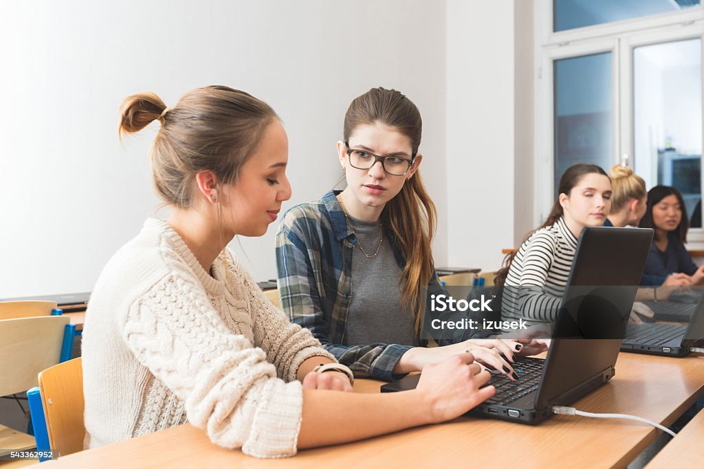 Young women learning computer programming Female students coding on laptops in a computer lab, working together. Achievement Stock Photo