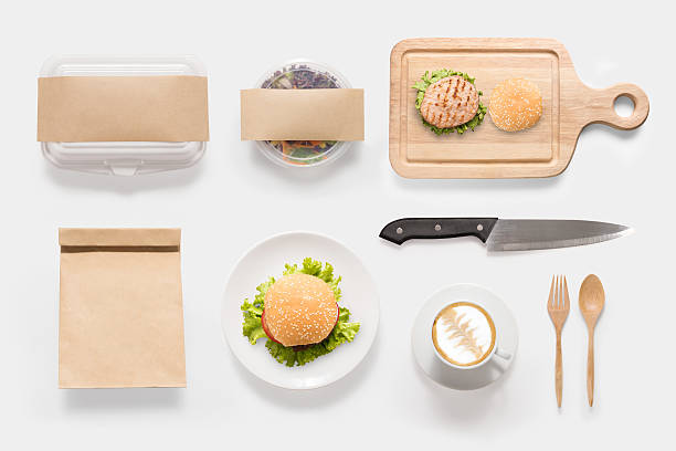 istock Design concept of mockup burger, salad and coffee cup set 543441120