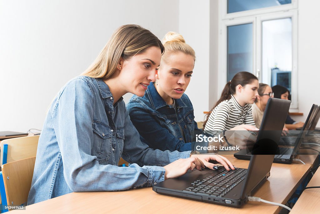 Female students learning computer programming Female students coding on laptops in a computer lab, working together. Achievement Stock Photo