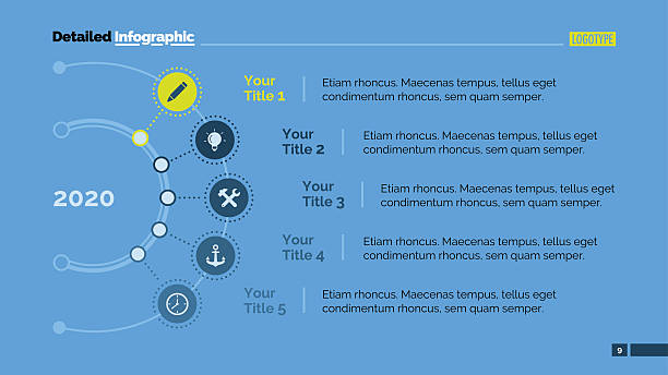 Five Points in Year Diagram Slide Template Five points in year diagram. Element of diagram, presentation, graphic. Concept for infographics, templates, reports. Can be used for topics like marketing analysis, business strategy, development acute angle stock illustrations