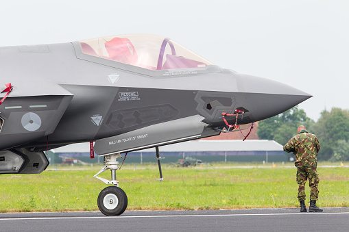 Leeuwarden, the Netherlands - June 11, 2016: Dutch F-35 Lightning II on the ground during it's European debut at the Royal Netherlands Air Force Days
