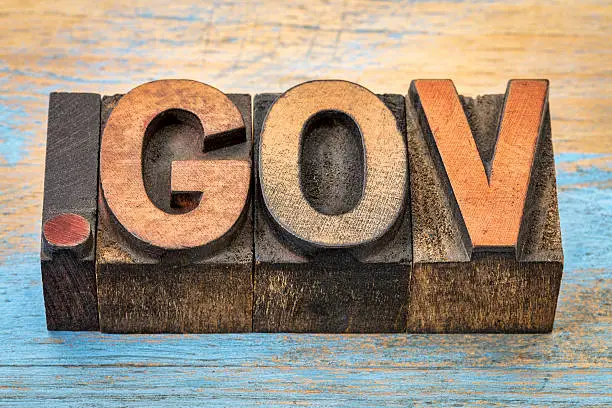 dot gov - government internet domain - text in vintage letterpress wood type blocks stained by color inks