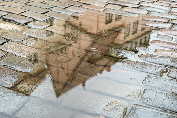 istock Cobblestone street with puddle on rainy day 543443696