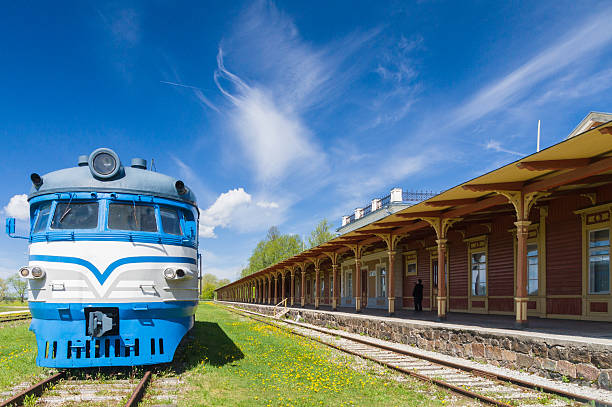 Haapsalu, Estonia - May 24, 2015: Retro locomotive train and unoperative station in Railway and Communications Museum in Haapsalu town.