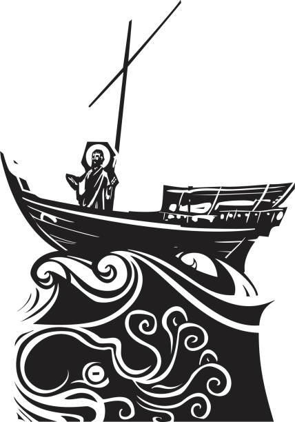 Christ on Boat at Galilee Woodcut style expressionist images of Christ on a storm tossed boat on the sea of Galilee dhow stock illustrations