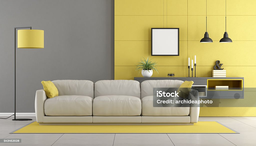Gray and yellow modern lounge Gray and yellow modern lounge with sofa and sideboard on wall - 3d rendering Yellow Stock Photo