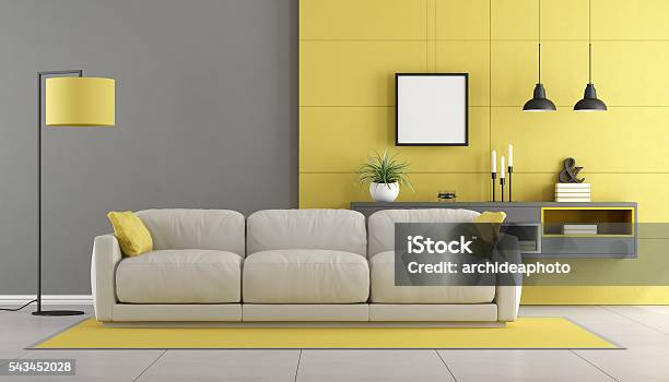 Gray And Yellow Modern Lounge Stock Photo - Download Image Now - Yellow, Gray Color, Living Room