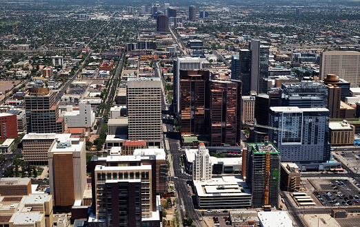 Oblique aerial view at downtown Phoenix, Arizona and surrounding area.