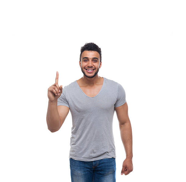 istock Casual Handsome Man Point Finger Up To Copy Space Happy 543455602