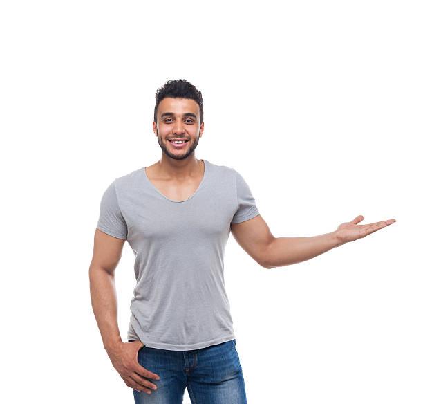istock Casual Man Open Palm Gesture To Copy Space 543455720
