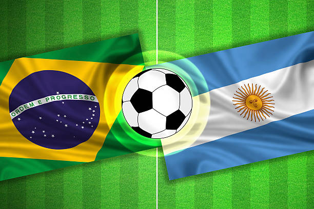 Brazil - Argentina - Soccer field with ball stock photo