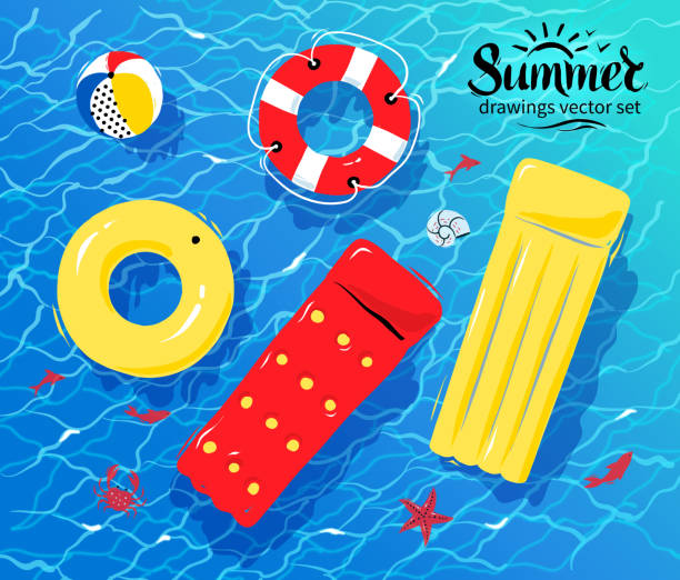 illustrazioni stock, clip art, cartoni animati e icone di tendenza di giocattoli gonfiabili in piscina sull'acqua - inflatable raft illustrations