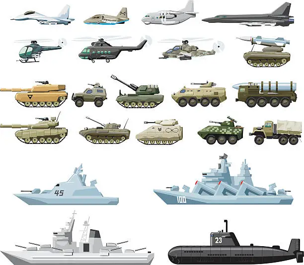 Vector illustration of combat vehicle plane and boats