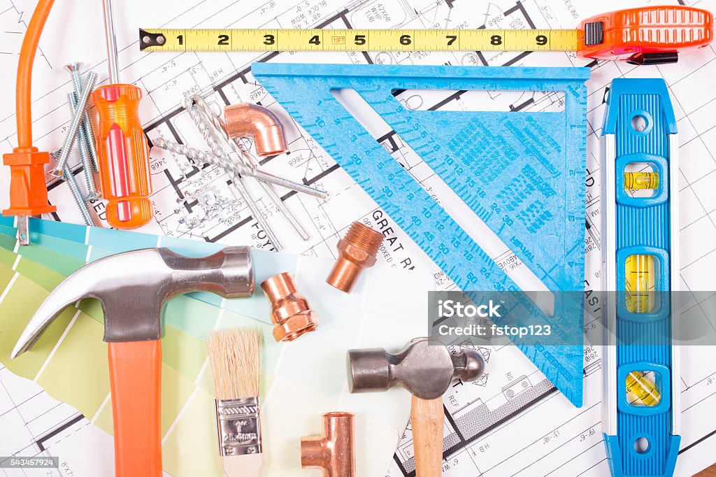 Building Process Tools Various Constrution Diy Tools Lie On Home Blueprints Plans Stock Photo ...