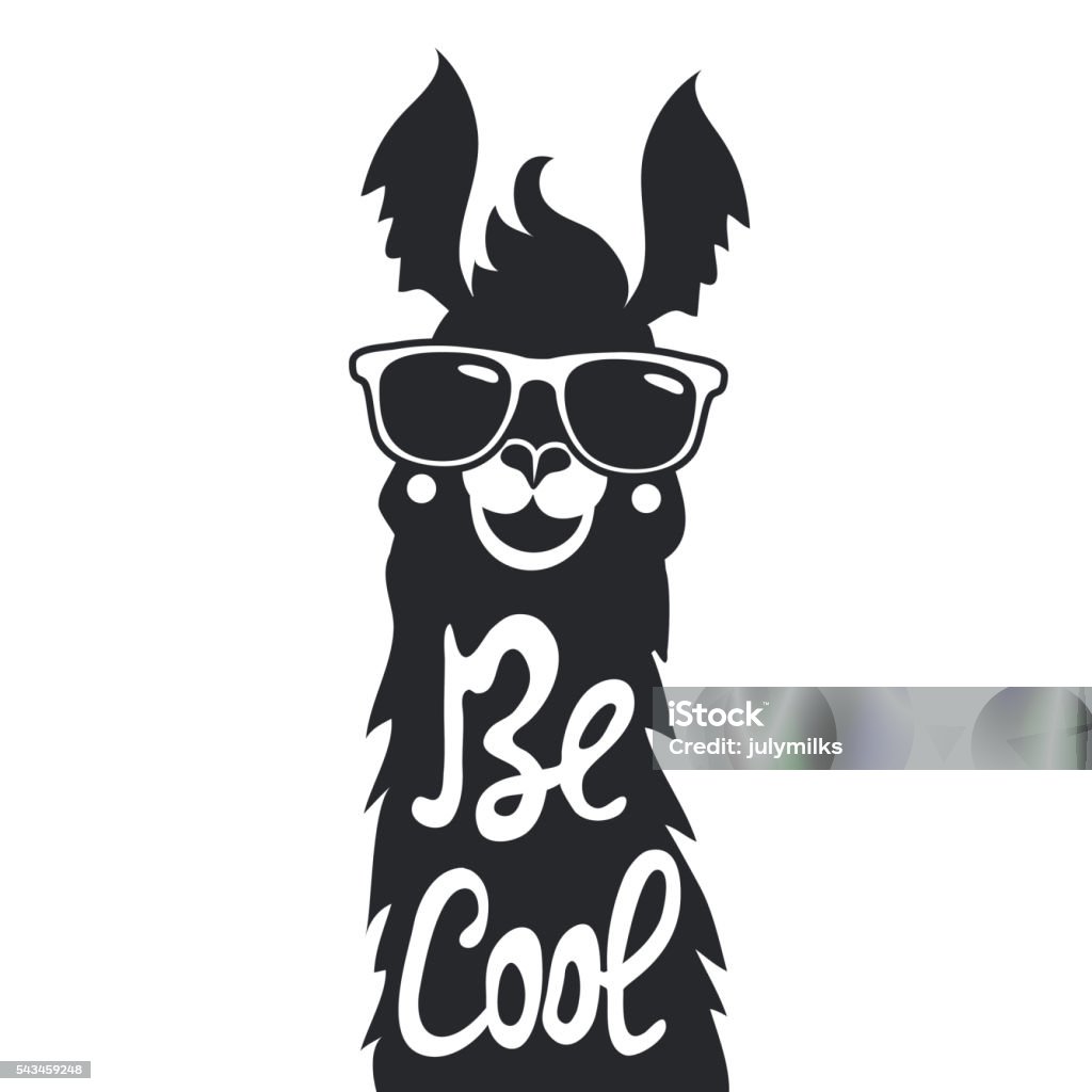 Stylish llama in sunglasses. Be cool - lettering quote. Vector illustration with animal. Inspiration typography poster with text, greeting card art, print design. Llama - Animal stock vector