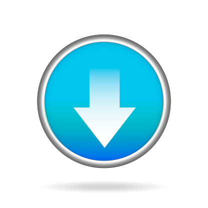Blue Button or Badge with download symbol. Digitally created image with high end software.