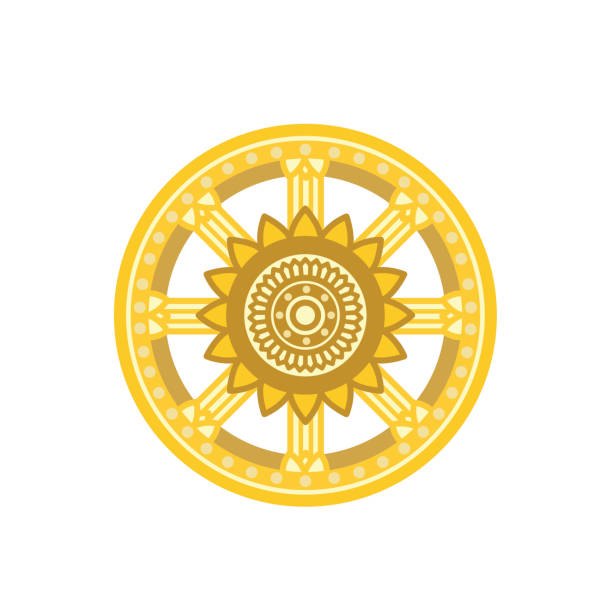 dharma rad dharmachakra icon vektor-illustration. buddhismus-symbol. - wheel of life stock-grafiken, -clipart, -cartoons und -symbole