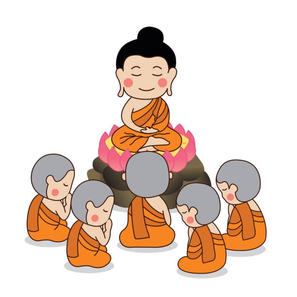 ilustrações de stock, clip art, desenhos animados e ícones de lord buddha's first sermon surrounded by the first five disciples. - buddhist puja