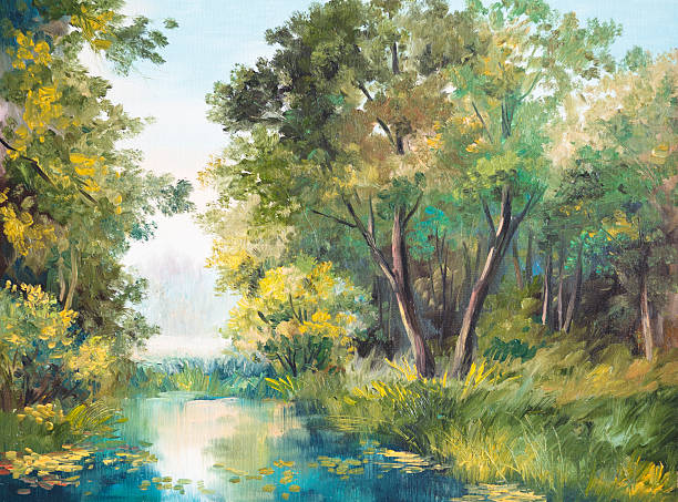 pintura a óleo de floresta paisagem com lago na floresta - panorama picture imagens e fotografias de stock