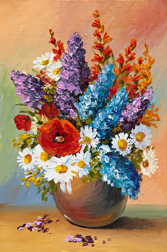 Oil painting of spring flowers in a vase on canvas. Abstract drawing, color, colorful, decoration, design