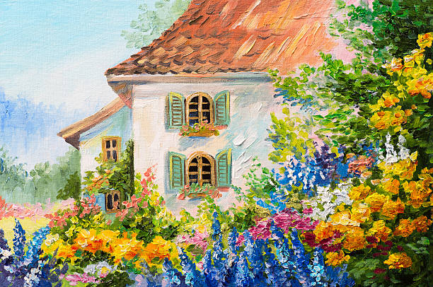 ölgemälde landschaft, haus im blumengarten, abstrakt - oil painting stock-fotos und bilder