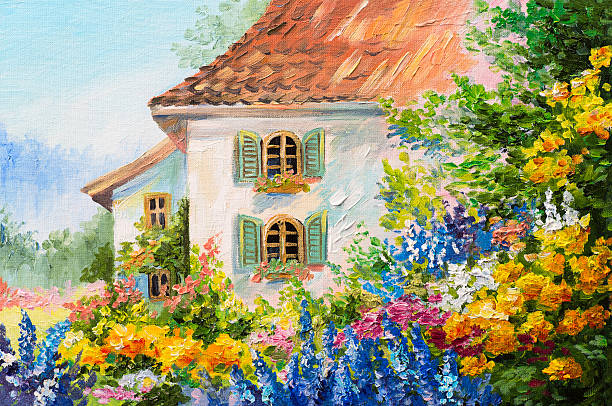 pintura al óleo paisaje, casa en el jardín de flores, abstracto - oil painting paintings landscape painted image fotografías e imágenes de stock