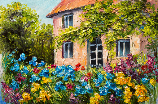 oil painting landscape, house in the flower garden, abstract  impressionism