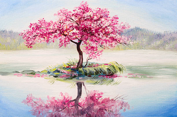 paysage de peinture à l’huile, cerisier oriental, sakura sur le lac - cherry blossom sakura cherry tree tree photos et images de collection