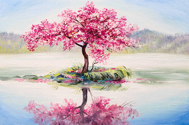 oil painting landscape, oriental cherry tree, sakura on the lake oil painting landscape, oriental cherry tree, sakura on the lake watercolour paints stock pictures, royalty-free photos & images