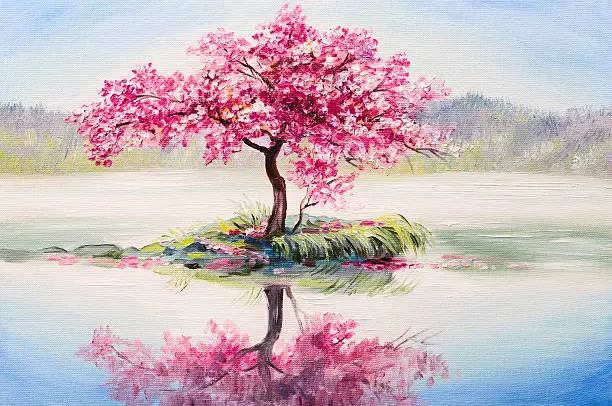 Photo of oil painting landscape, oriental cherry tree, sakura on the lake