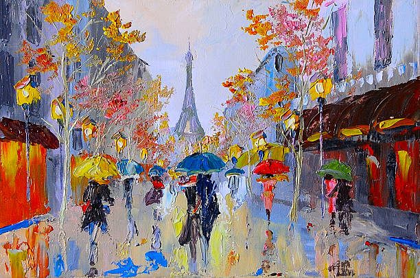 oil painting of  eiffel tower, france, art work - french currency fotos imagens e fotografias de stock