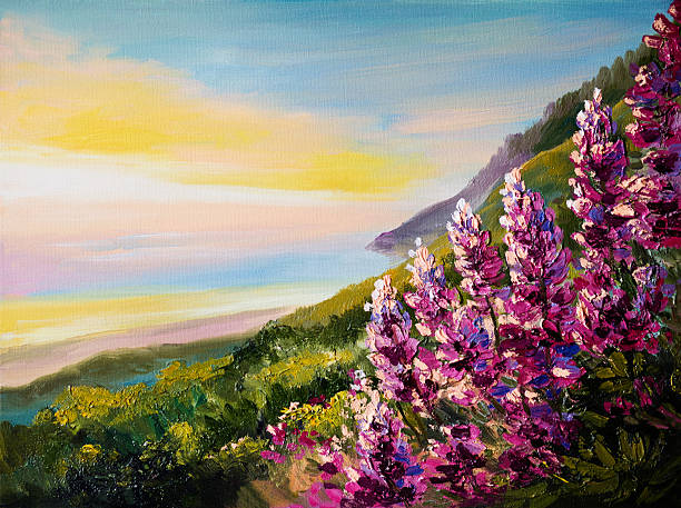 peinture à l’huile du coucher de soleil coloré sur la côte de la mer noire - vibrant color mountain bay beach photos et images de collection