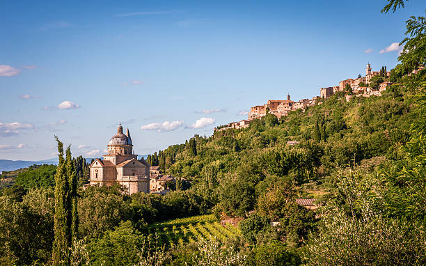 San Biagio church and Montepulciano town in Tuscany stock photo