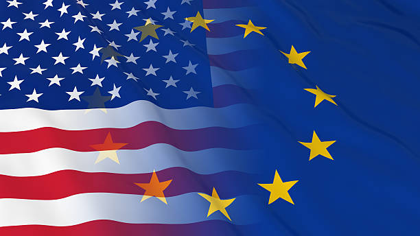 koncepcja stosunków amerykańskich i unii europejskiej - połączone flagi - crease zdjęcia i obrazy z banku zdjęć